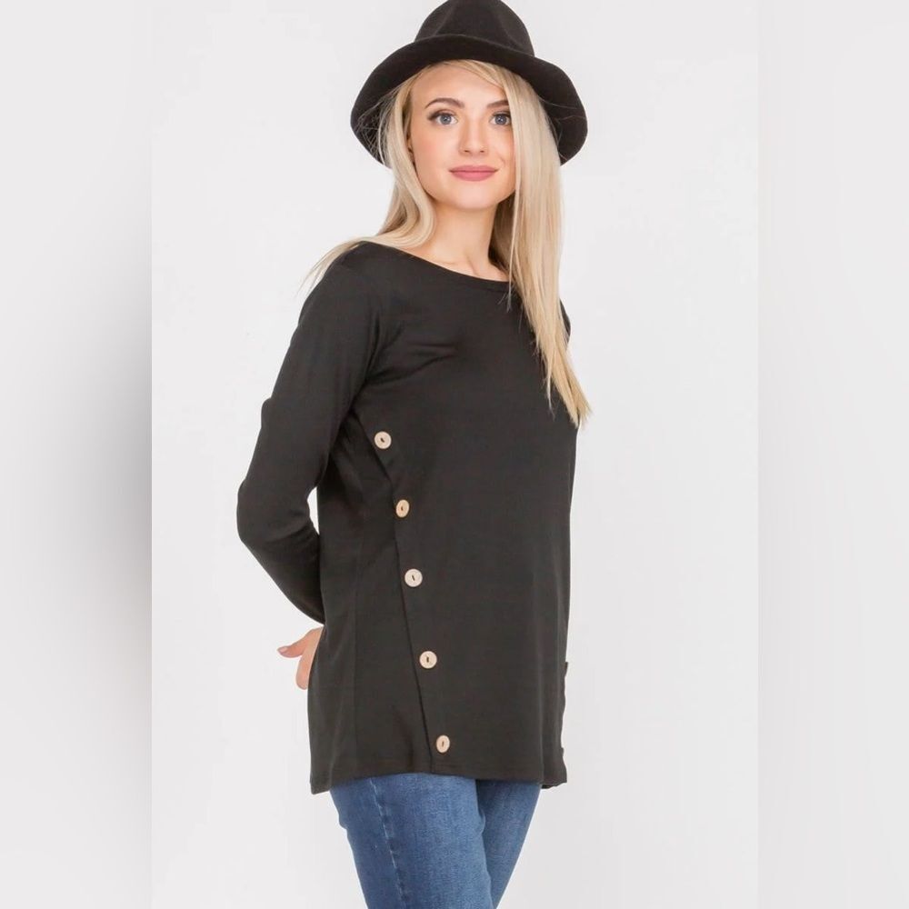 Soft Surroundings Black Button-Detail Black Long Sleeve  Basic Blouse Top Sz M